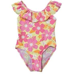Bright Tropical Floral Ruffle Neck One Piece Toddler Girl Swimsuit